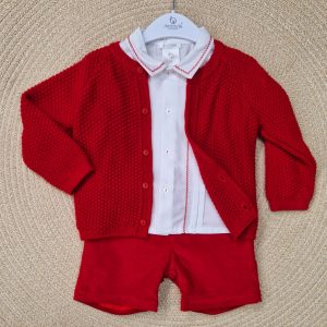 Deolinda 
Completo bambino tre pezzi short in velluto con camicia profilo rosso e cardigan coordinato art.DBI24804C
