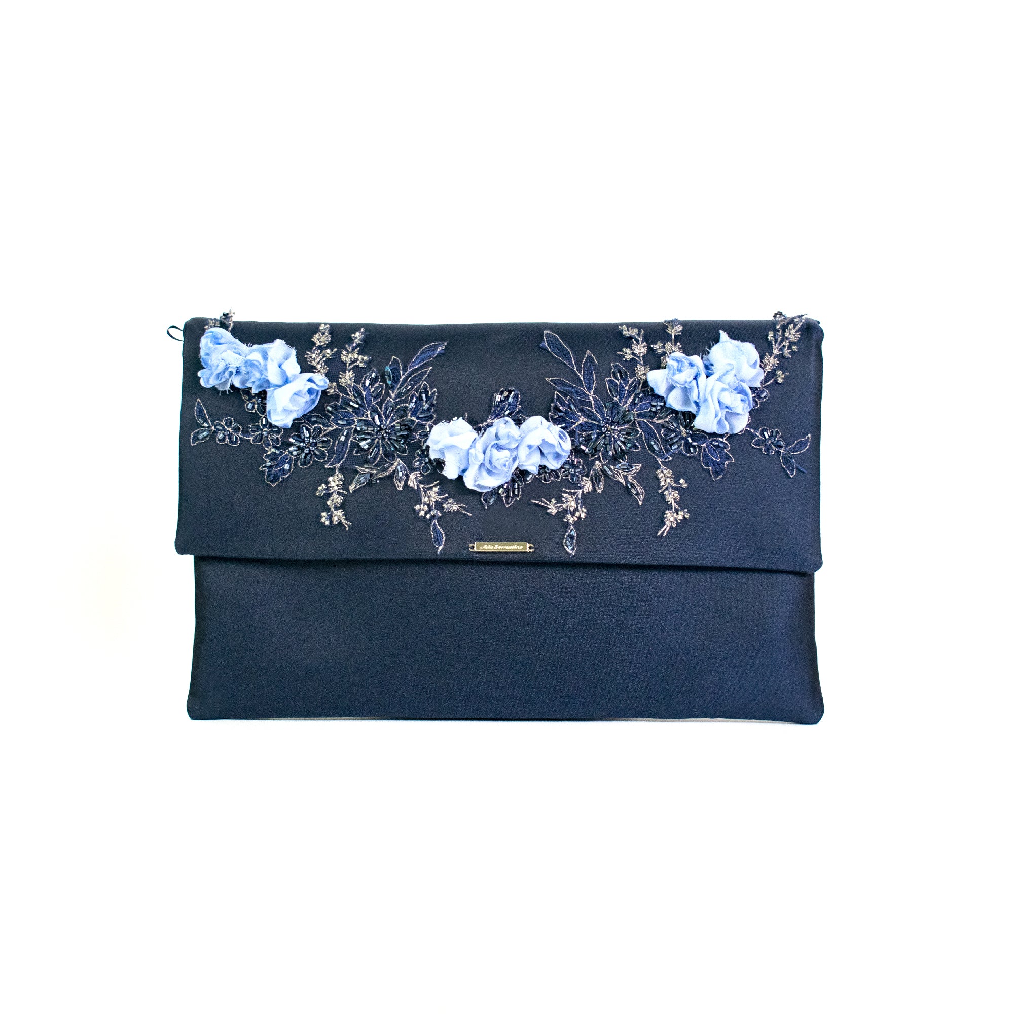 Pochette blu con fiori tridimensionali