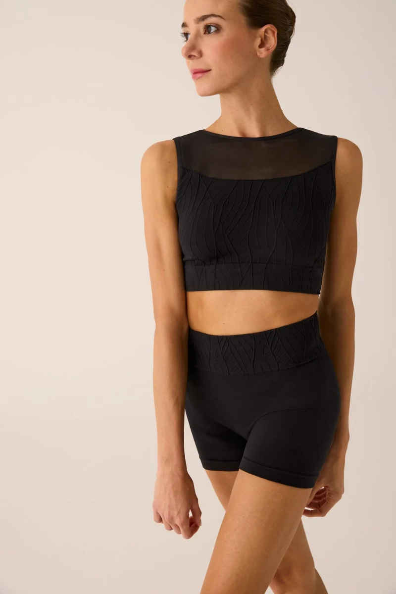 239 - CROP TOP SEAMLESS CON INSERTO TULLE E MOTIVO A RILIEVO - immagine 2