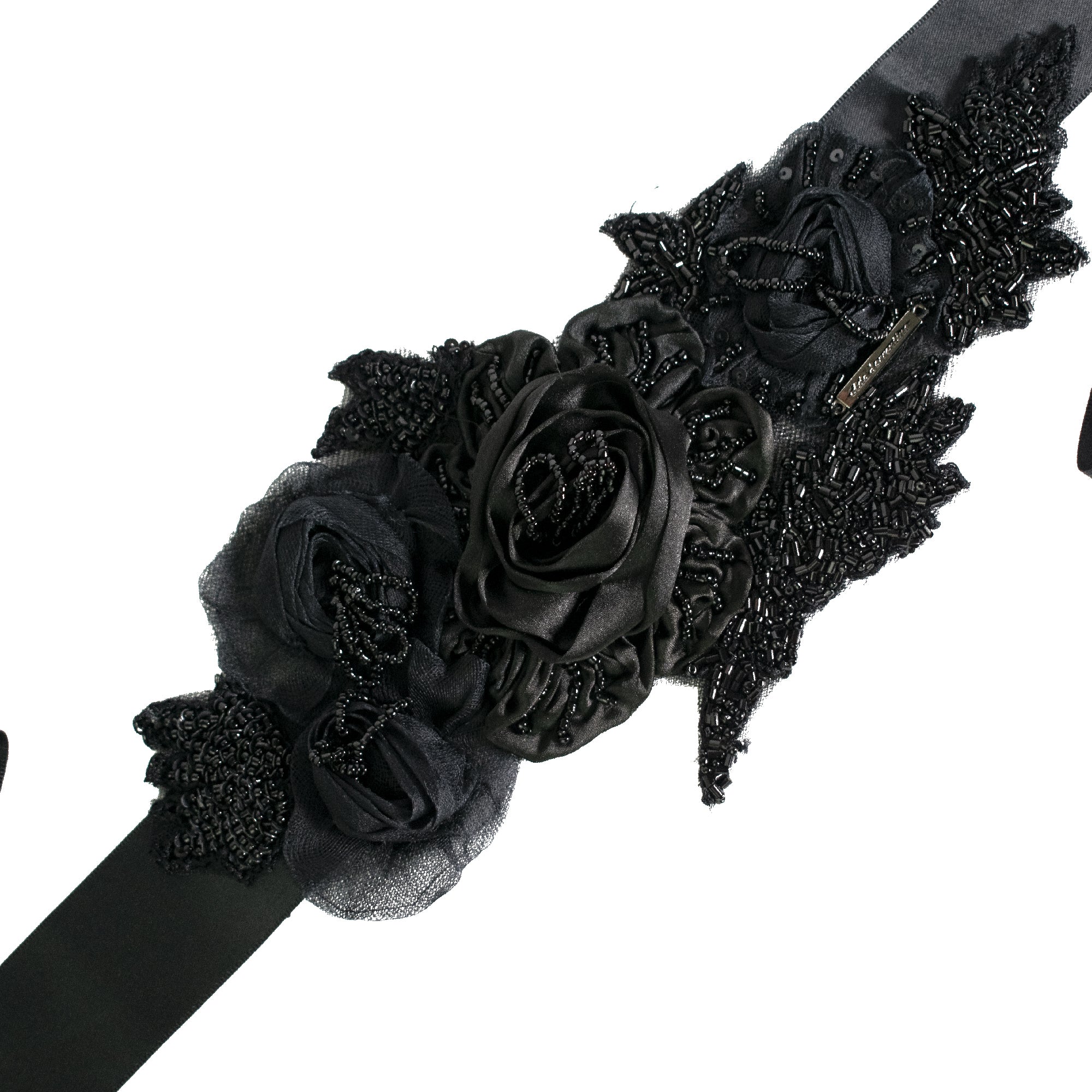 Cintura nera in raso con fiori tridimensionali - immagine 2
