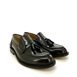 Saxone mocassino con nappine uomo, in pelle Polish binder marrone, doppia suola cuoio