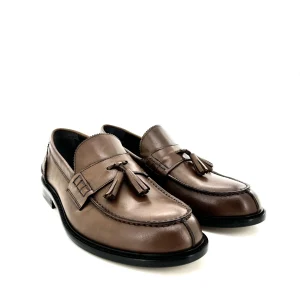 Saxone mocassino con nappine uomo, in pelle Polish binder cognac, doppia suola cuoio