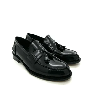 Saxone mocassini con nappine uomo, in pelle Polish binder nera, collo alto, doppia suola cuoio