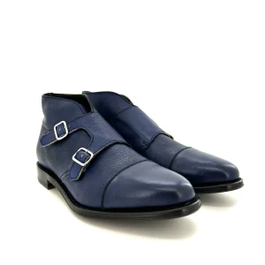 Andrea Ventura polacchini uomo, in pelle blu scuro martellato con doppia fibbia for Sir Wilson