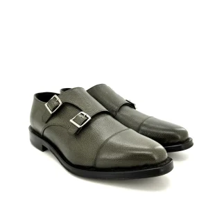 Andrea Ventura scarpe uomo, in pelle verde militare martellato con doppia fibbia for Sir Wilson