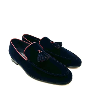 Sir Wilson mocassini con nappine uomo, in velluto blu scuro con bordino rosso, suola cuoio, cucite a mano