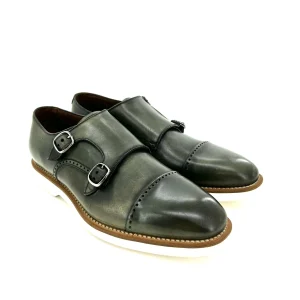 Franceschetti scarpe uomo, in pelle anticata verde con doppia fibbia, suola in gomma