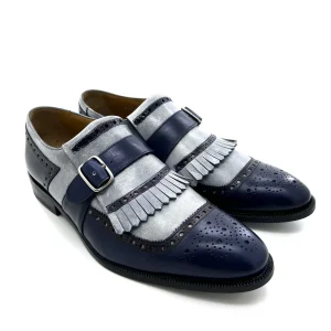 Sir Wilson scarpe uomo, in pelle blu anticata, con fibbia e frange