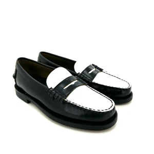 Sebago mocassini donna, in pelle nero e bianco, suola cuoio