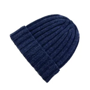 Cappellino uomo, in puro cashmere a coste blu, made in Italy
